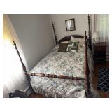 Mahogany full pencil post bed with linens,