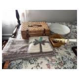 Agate wash basin, picnic basket containing various