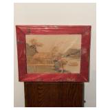 Chinese 3D cork caving diorama in red frame