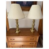 Pair of brass finish table lamps with shades