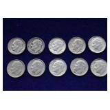 10 Roosevelt Dimes, Various Years, 90% Silver