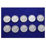 Ten Mercury Dimes, Various Years, 90% Silver