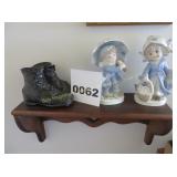 Porcelain Figurines & Wooden Shelf