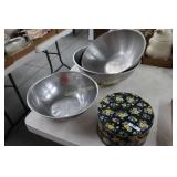 3- Large Stainless Steel Bowls & Button Tin