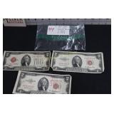 3 Read Seal US $2.00 Bills