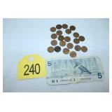 Canada 5 Dollar Bill & 20 pennies