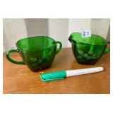 GREEN GLASS CREAM AND SUGAR