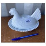 MILK GLASS HEN IN NEST