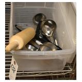 Tote of stainless ladles, 1 wood rolling pin