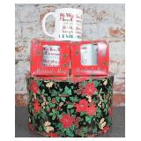 (3)Christmas Coffee Mugs, (1) Round Gift Box