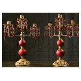 A Pair Of Bombay & Co Red Glass Candelabrum