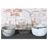 3Pc Wire Egg Basket & Enamelware