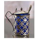 Sterling Silver Mustard Pot and Spoon with Cobalt