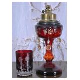 Victorian Cranberry Glass Lamp & Tumbler