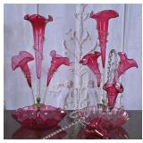 Pair of Cranberry Glass Epergnes