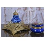 French Porcelain & Gilt Metal Desk Set
