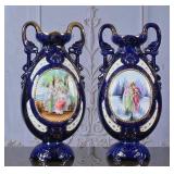 Pair of Cobalt Gilt Porcelain Urns