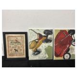 2 Flyer Paintings and Vintage Framed Cross Stitch