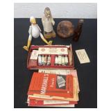 Photo oils and wood figurines and bottle