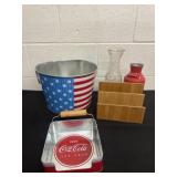 Coca Cola napkin holder, American flag bucket and