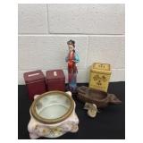 Decor bowl tins wood tray and oriental doll