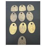 10 vintage brass livestock identification tags,