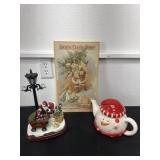 Christmas tea pot and metal sign and decor