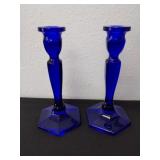 Vintage 8.25-in cobalt blue candlesticks. Likely