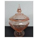 Vintage pink depression lidded candy dish
