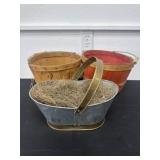 2 apple baskets and metal bucket