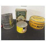 3 Vintage  tins with flour sifter.
