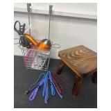 Glass strings, wood stool, blow dryer and