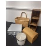 Wood box with matches, candle, wicker basket