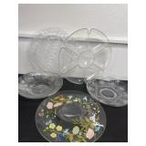 3 glass platters and 2 plastic