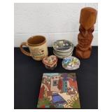 Coffee cup, coasters, tiki, lidded box from