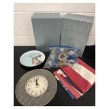 2 clocks, flag, napkins holders and 2 boxes