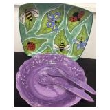 Plastic salad bowl with ceramic tray