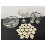Pedestal dish with bowl and 3 glasses with silver
