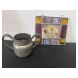 Silver plated sugar bowl and stained glass