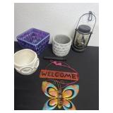 Group of planters, metal welcoming and lantern