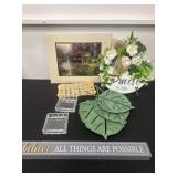 Wood saying block, smile sign and metal leafs