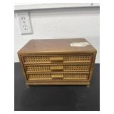 Jewelry box with pins, cuff links coins and bolo