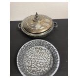 Enamel bowl and silver plated dish