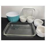 Mixing bowl and soup bowls and cake glass pans