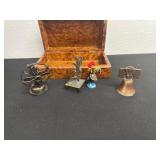 Wood box, fan pencil sharpener, bell, rooster