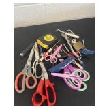 Group of scissors, tools and tape Measure
