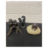 3 cast iron frog owl and rooster