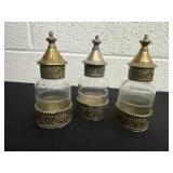 3 antique-style glass and brass vanity bottles