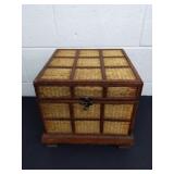12 inch square wooden and woven box with a latch
