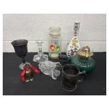 Group of misc, candle holder, oil lamp base, vase